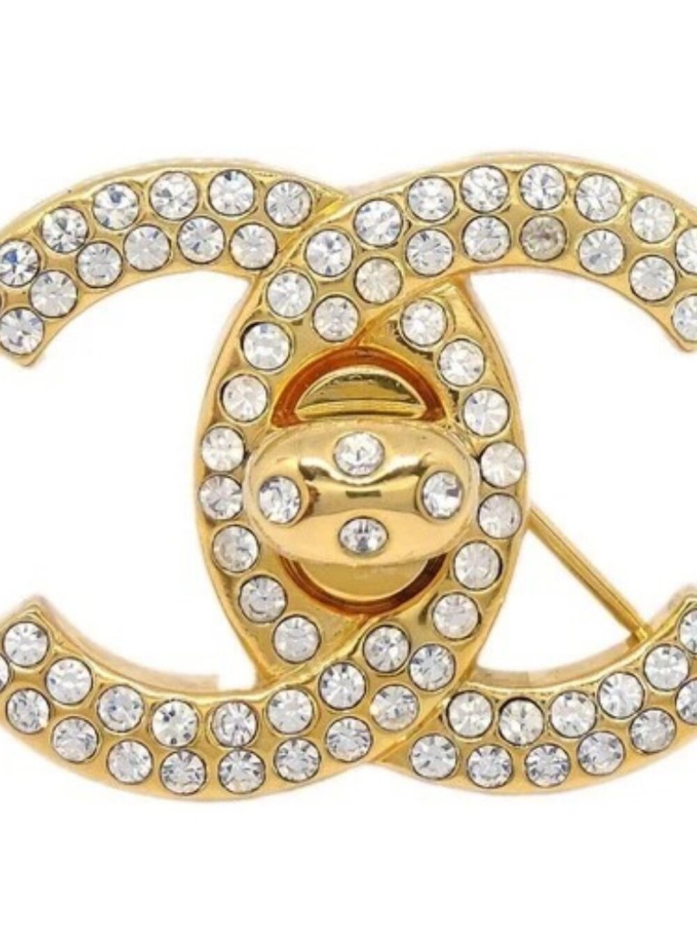 Chanel CC Turnlock Rhinestone Charm Brooch Pin Gold 96A 146087